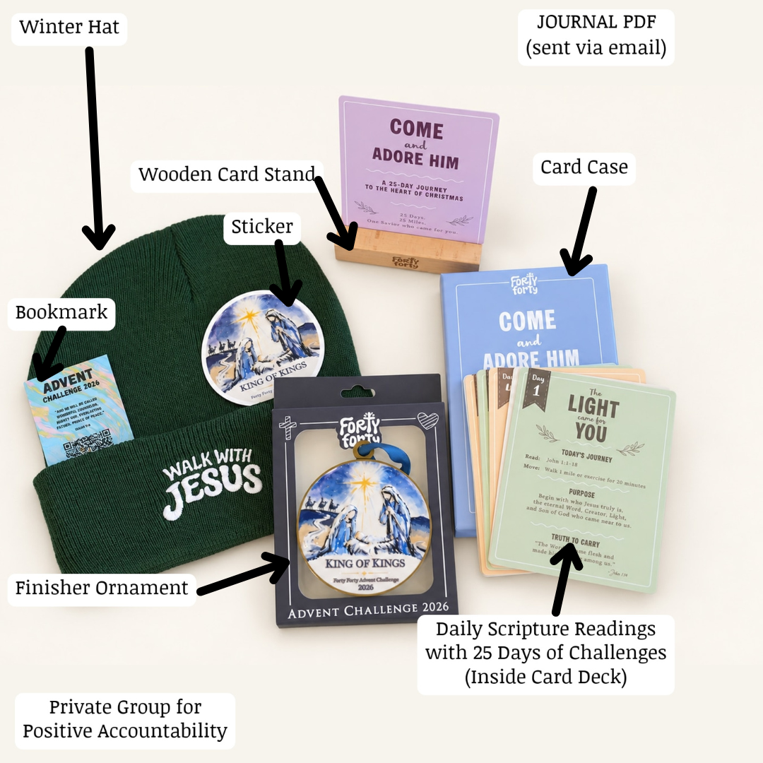 The complete Advent Challenge 2026 kit with King of Kings ornament, Scripture cards and Walk With Jesus winter hat
